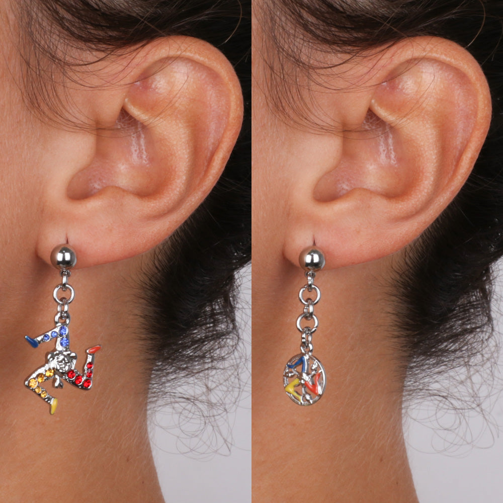 Metal earrings with Sicilian Trinacria pendant embellished with nail polishes and multicolored crystals