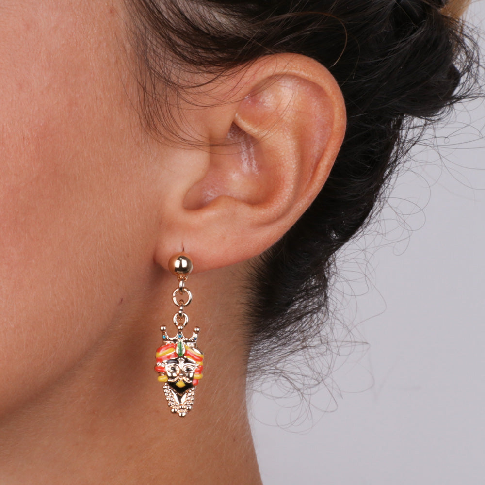 Pening metal earrings, with Sicilian dark brown heads embellished with colored glazes