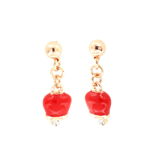 Metal earrings with pendant lucky charming bell, embellished with red enamel and crystals