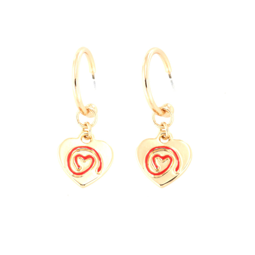 Metal earrings circle with a pendant heart shape embellished with a red in relief in red enamel