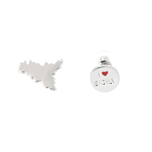 Metal earrings in Lobo, Sicily and Sicily button in the heart, embellished with red enamel heart