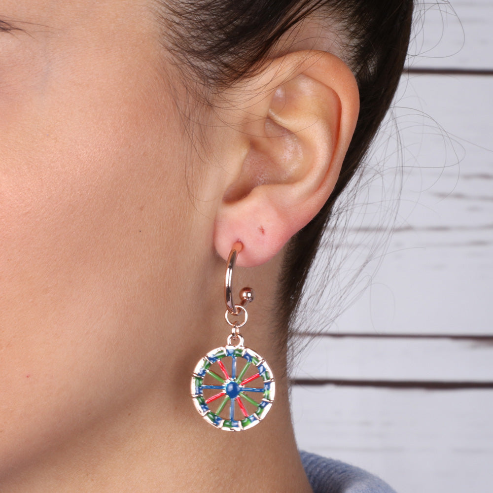 Metal earrings circle with a pendant Sicilian cart wheel, embellished with colored glazes