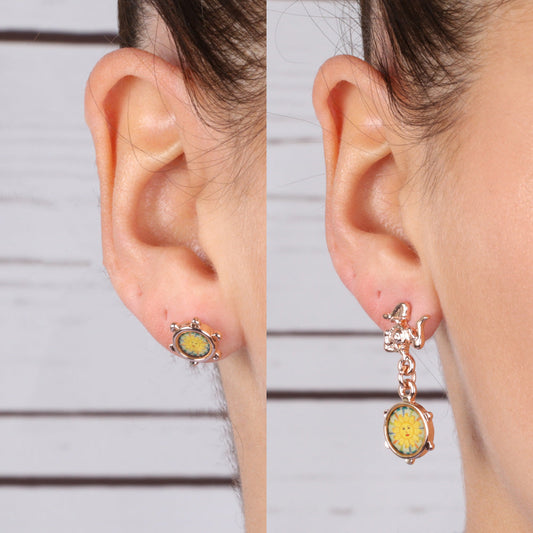 Metal earrings with Sicilian Trinacria and pendant tambourine embellished with sun design and loob button