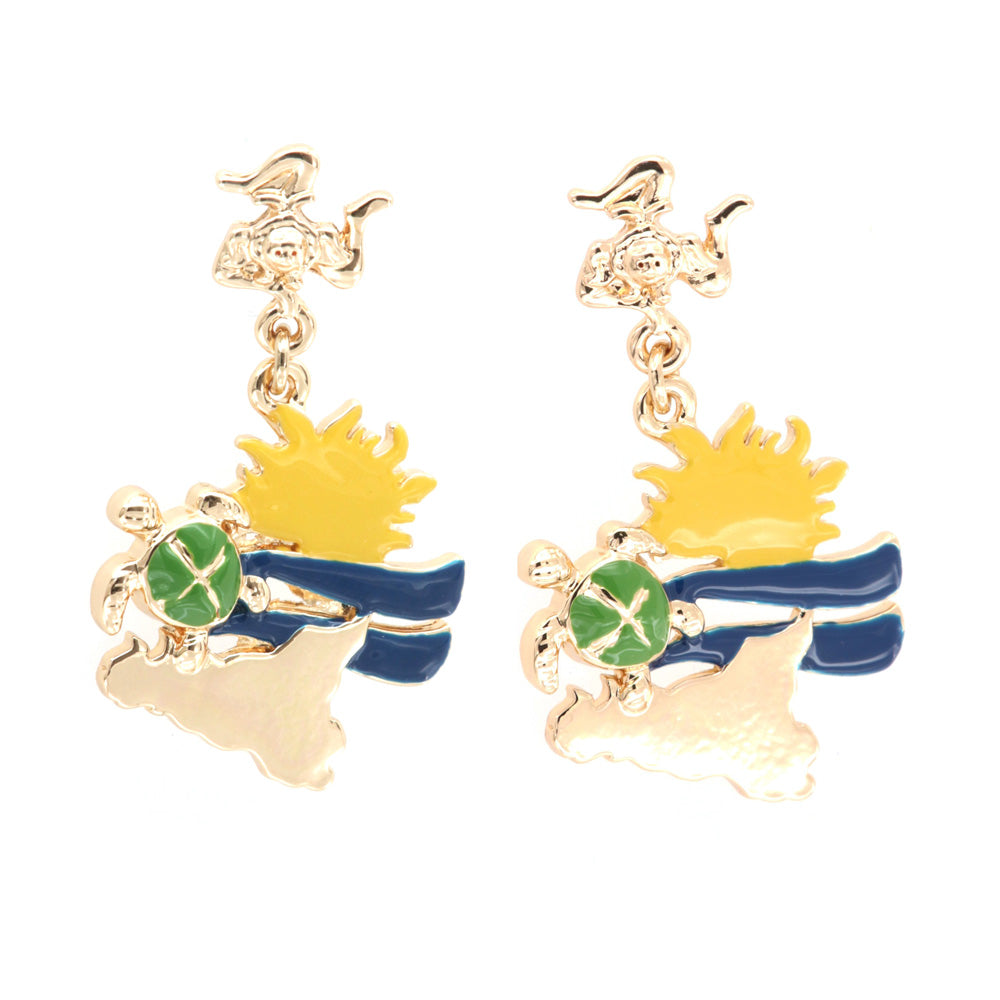 Trinacria metal earrings with sun, pending turtle and Sicily, embellished with colored glazes
