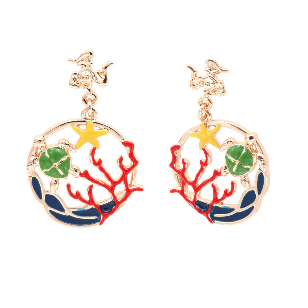Metal earrings pendants with coral and turtle, Trinacria in Lobo