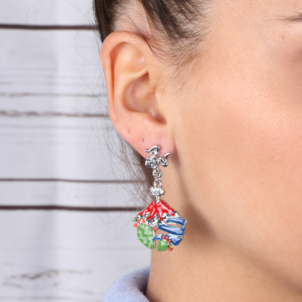 Pendant metal earrings, with Etna volcano and prickly pears, embellished with colored glazes