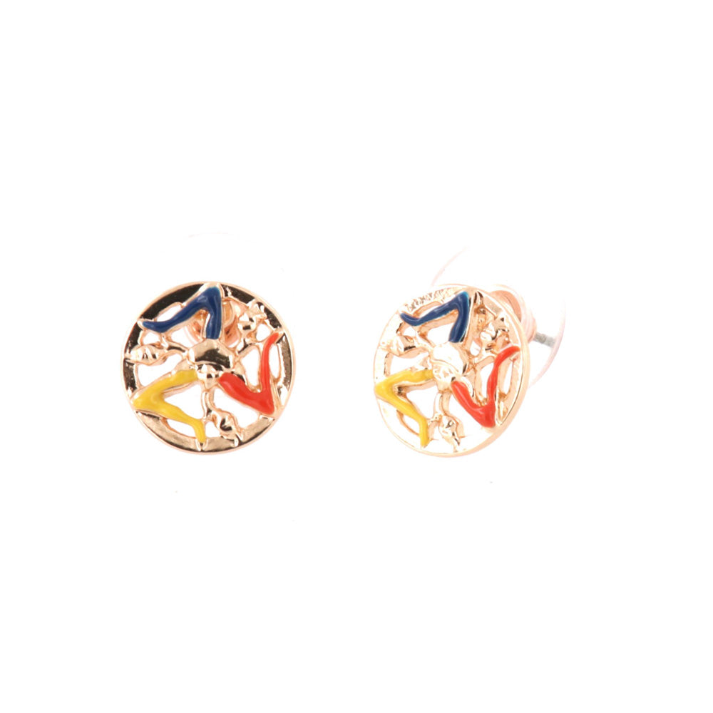 Button metal earrings, with Trinacria embellished with colored glazes