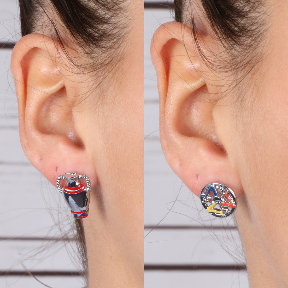 Metal earrings with Sicilian amphora and Trinacria, embellished with colored glazes