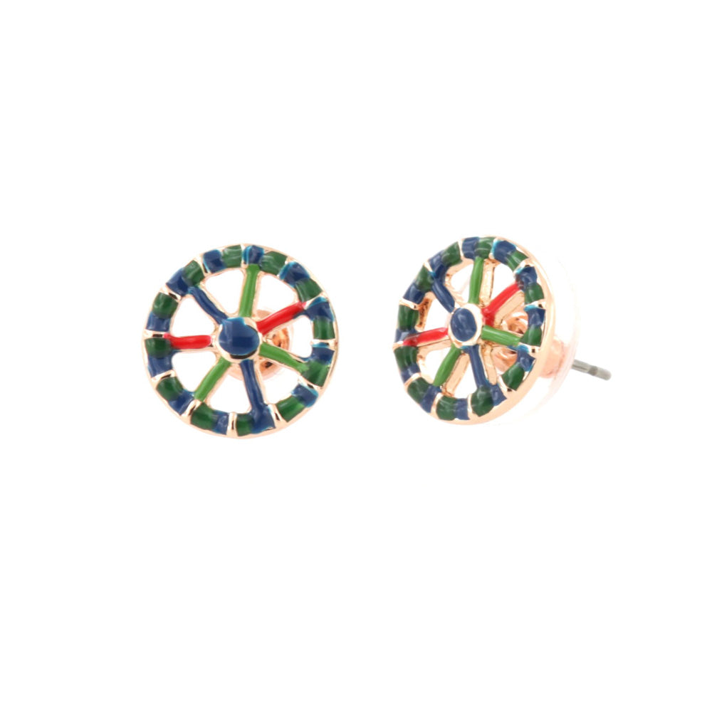 Lobe metal earrings, with Sicilian cart wheels, embellished with colored enamel