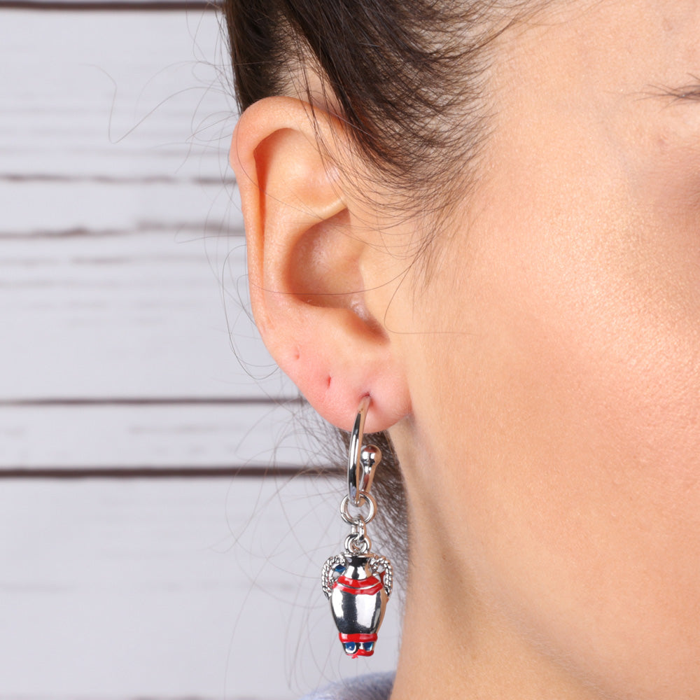 Metal earrings with a circle with pendant amphorae, embellished with Sicilian Trinacria and colored glazes