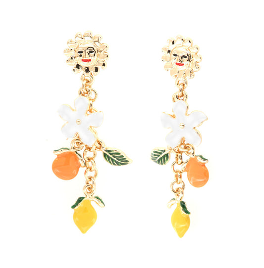 Pendant metal earrings, with flowers and citrus fruits embellished with colored glazes