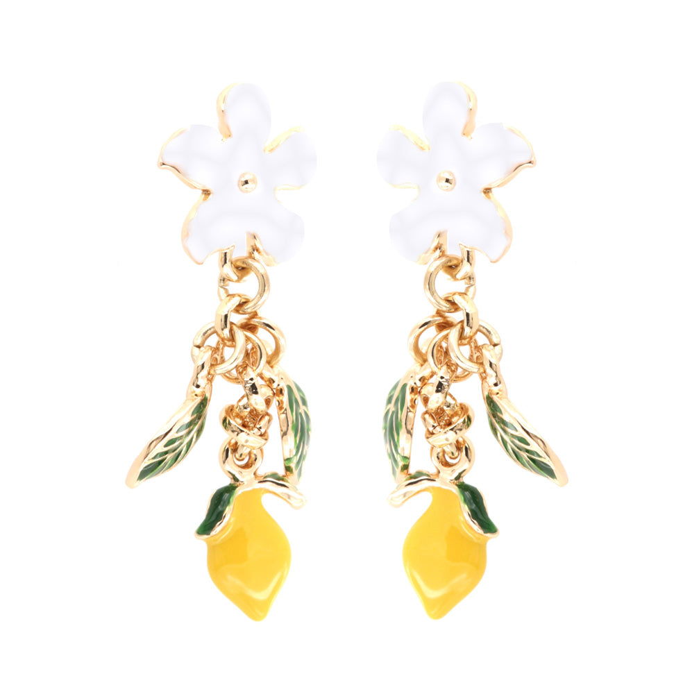 Pendant metal earrings, with flowers and citrus fruits embellished with colored glazes