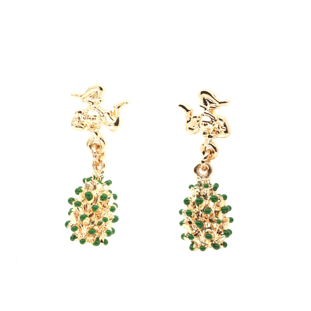 Trinacria metal earrings with Sicilian lucky Pigna, embellished with green enamel tips