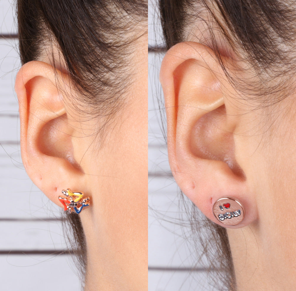 Metal earrings in Lobo, with Trinacria and Sicily logo in the heart, embellished with colored glazes