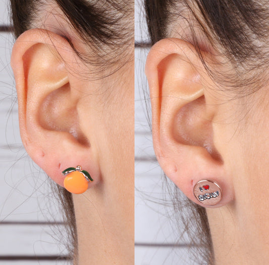 Lobe metal earrings, with citrus and sicily logo in the heart, embellished with colored glazes