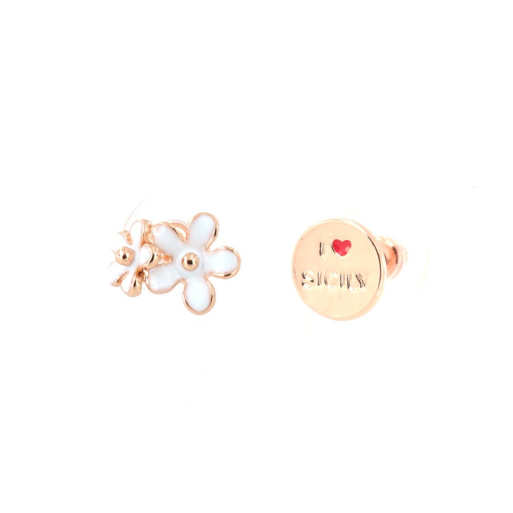 Lobe metal earrings, with flowers and Sicily logo in the heart, embellished with colored glazes