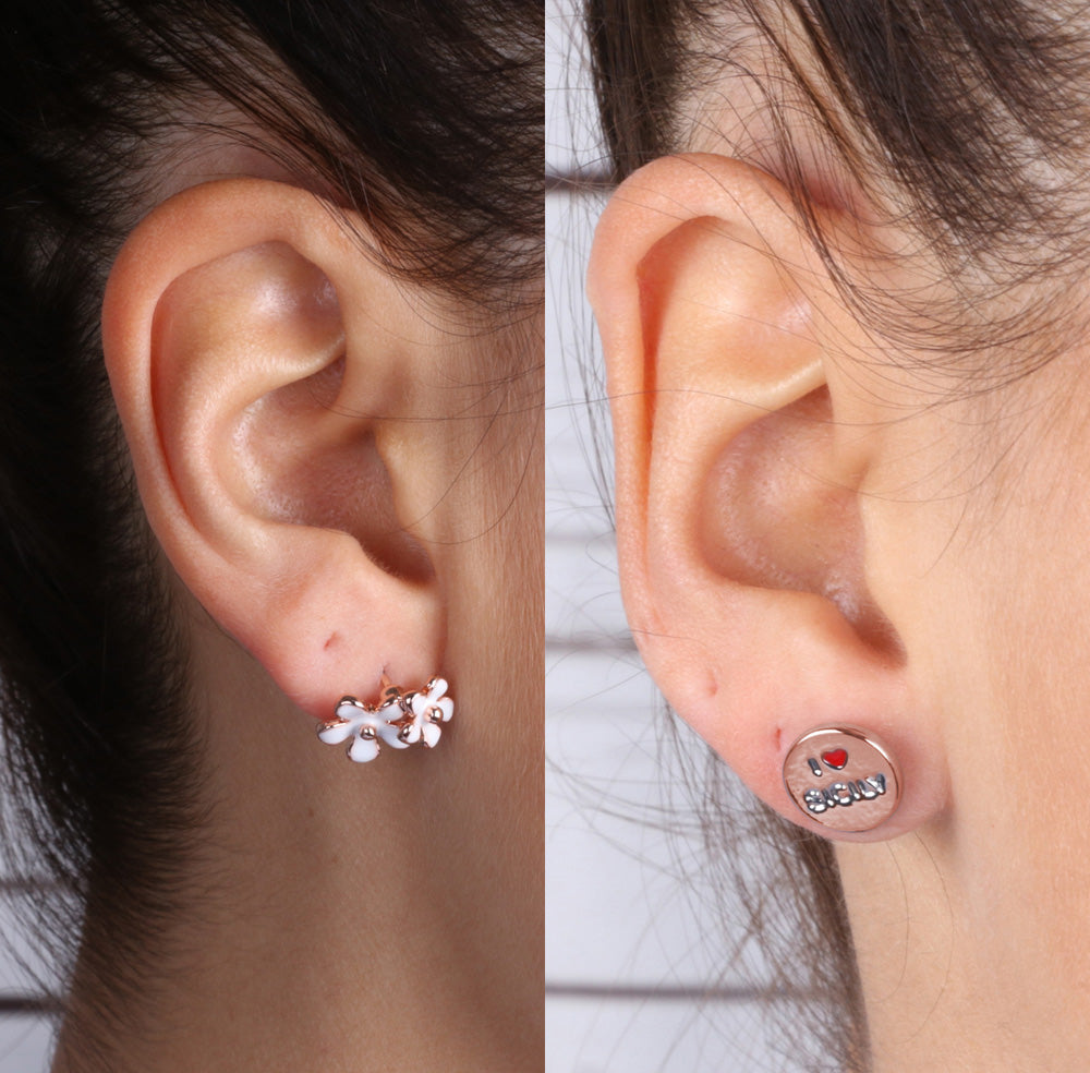 Lobe metal earrings, with flowers and Sicily logo in the heart, embellished with colored glazes