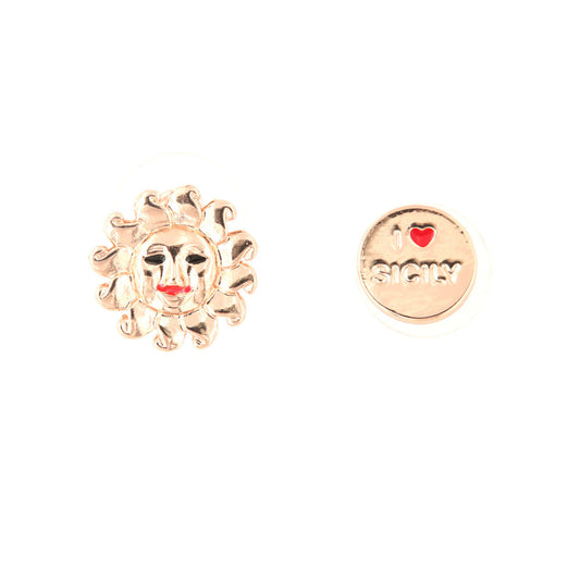 Metal earrings in lobe, with sun and Sicily logo in the heart, embellished with red enamel