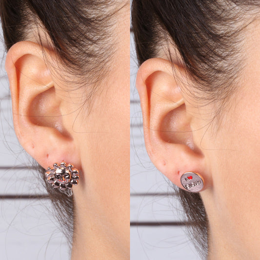 Metal earrings in lobe, with sun and Sicily logo in the heart, embellished with red enamel