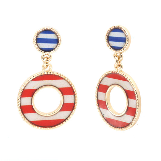 Metal earrings pendants in marine style, embellished with colored enamels with strips motif