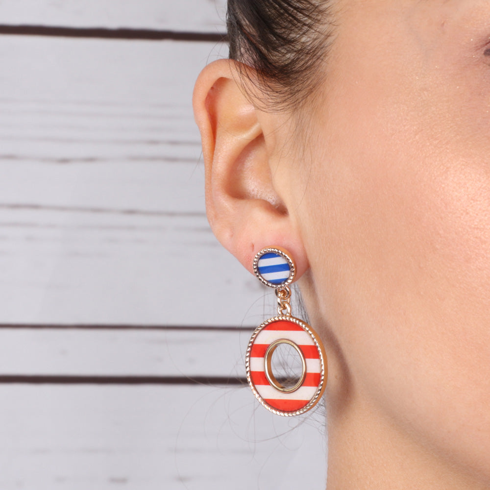 Metal earrings pendants in marine style, embellished with colored enamels with strips motif