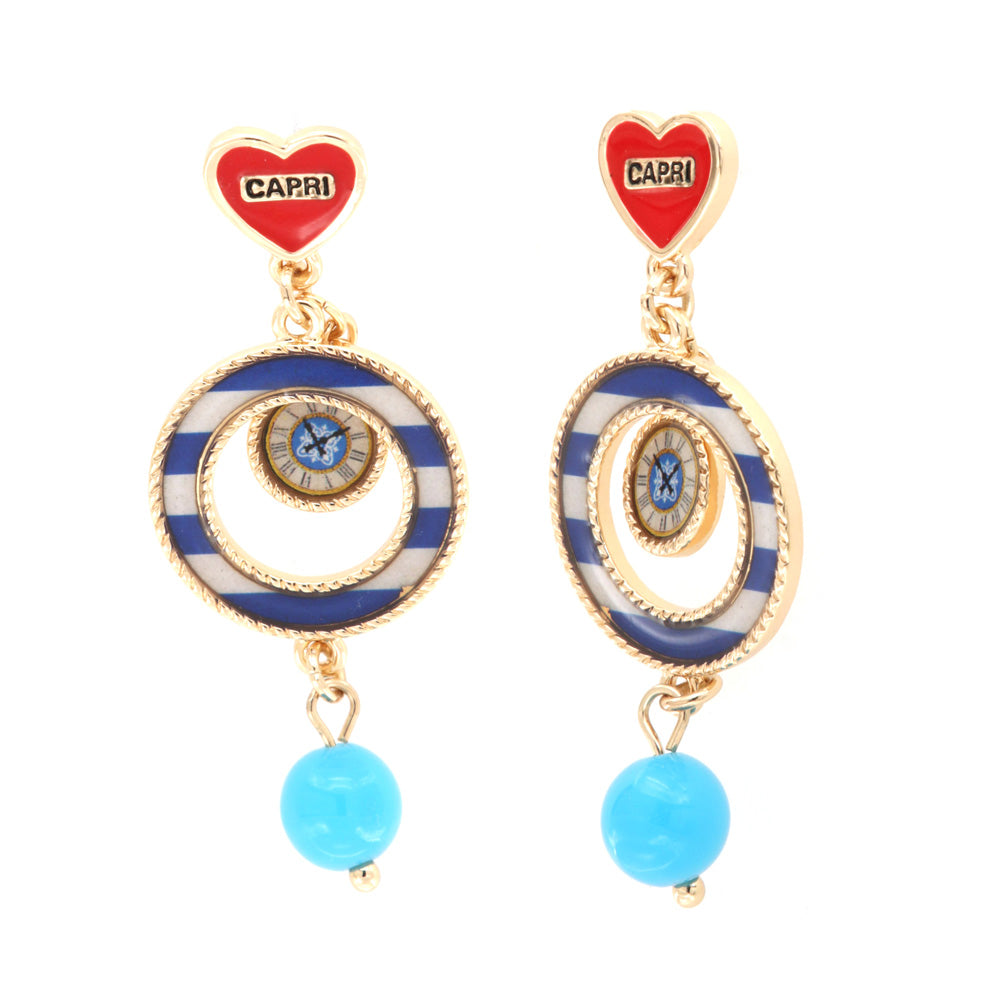 Marine -style metal earrings with red heart, turquoise clock and stone