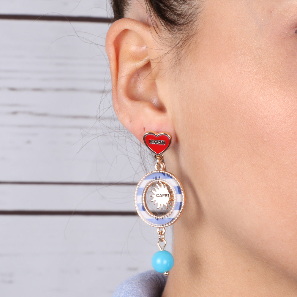 Marine -style metal earrings with red heart, turquoise clock and stone