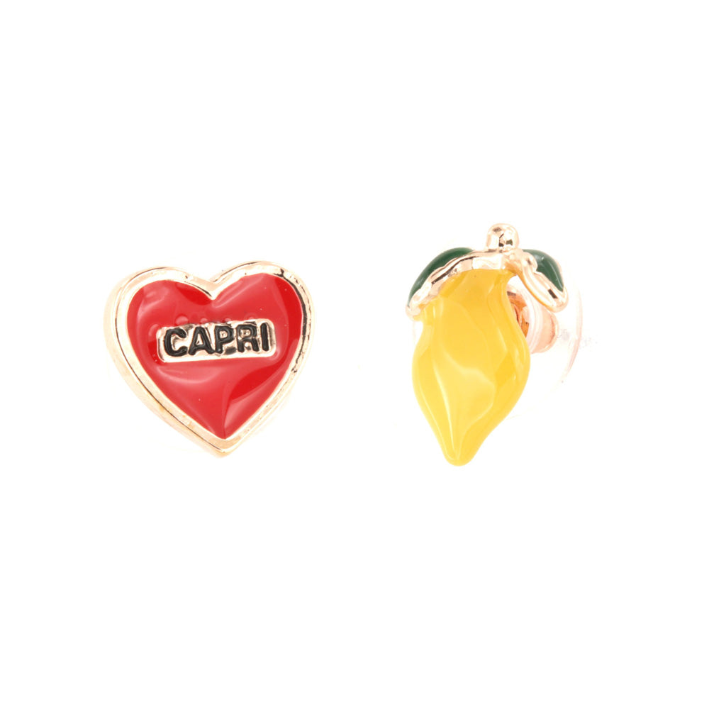 Lobe, lemon and heart metal earrings embellished with colored glazes