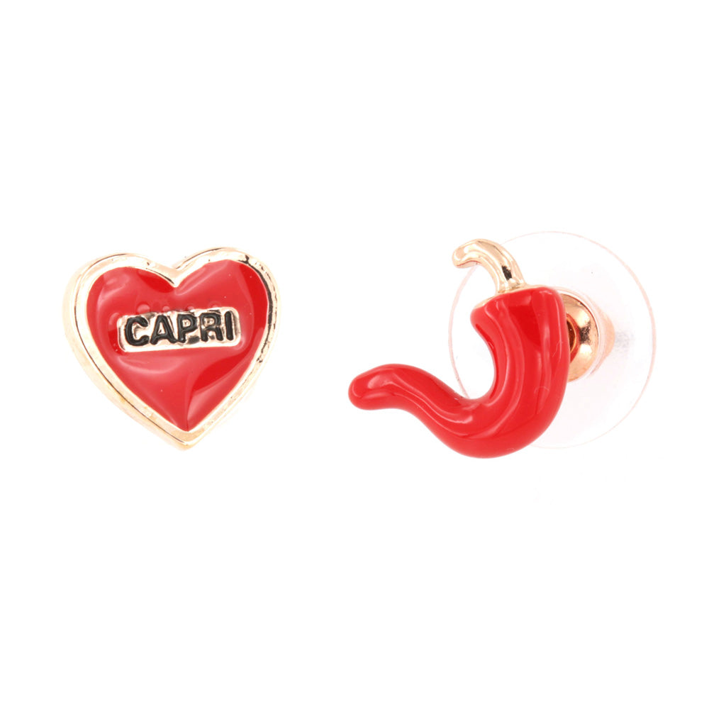 Lobe metal earrings, red pepper and red enamel heart