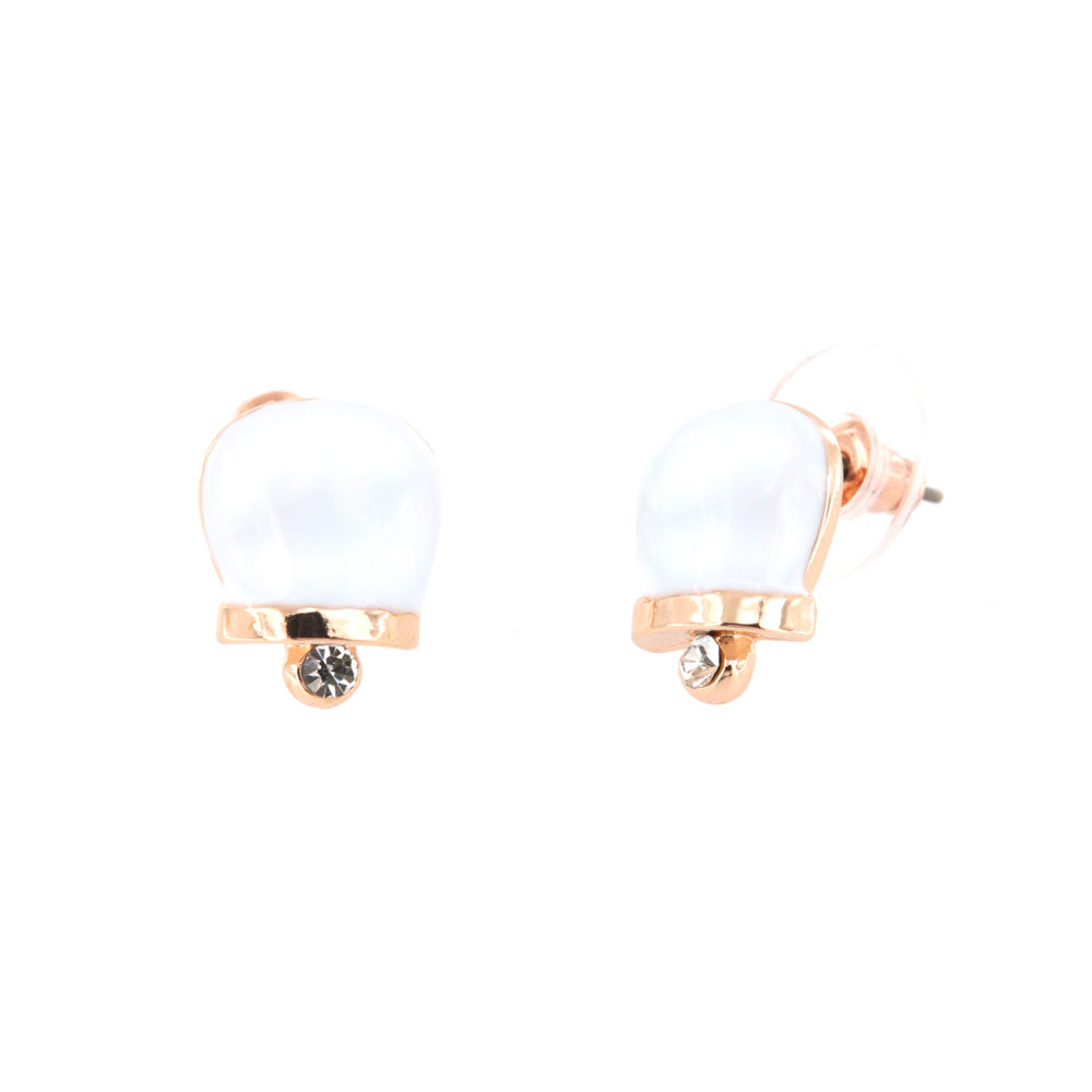 Metal earrings in the shape of a charming bell with white glazes and crystals