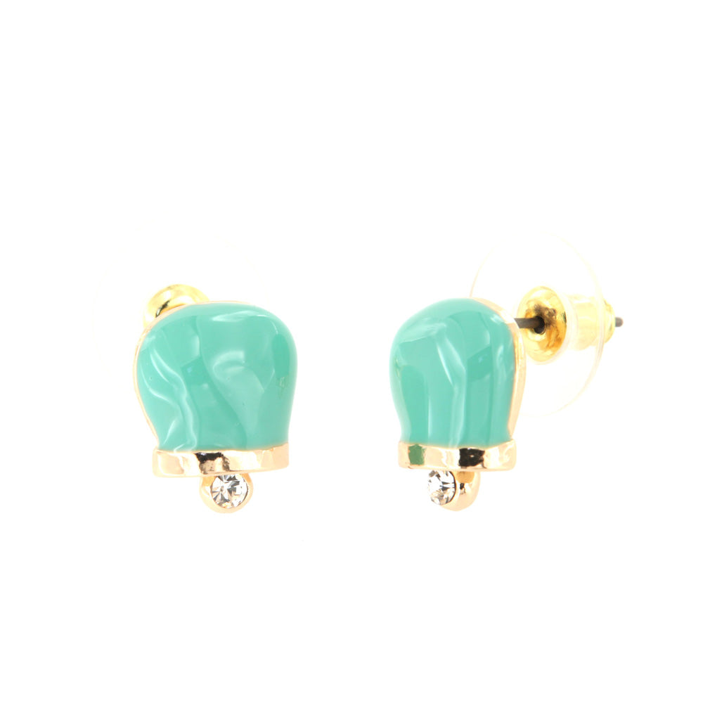 Metal earrings in the shape of a charming bell with green water and crystals enamels