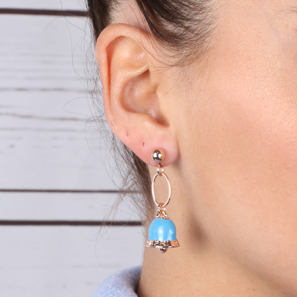 Metal earrings with lucky bells embellished with turquoise enamel