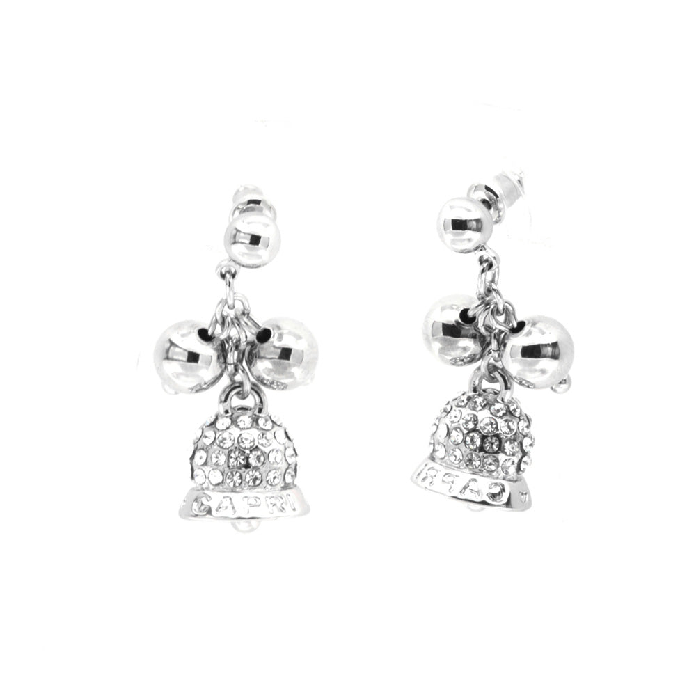 Metal earrings with lucky bells embellished with white crystals and smooth pendant balls