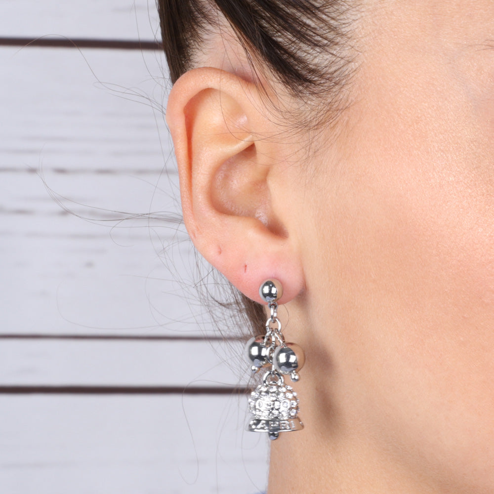 Metal earrings with lucky bells embellished with white crystals and smooth pendant balls