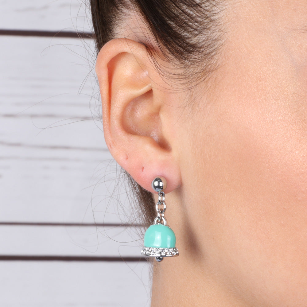 Metal earrings with lucky bells embellished with green enamel and white crystals lines