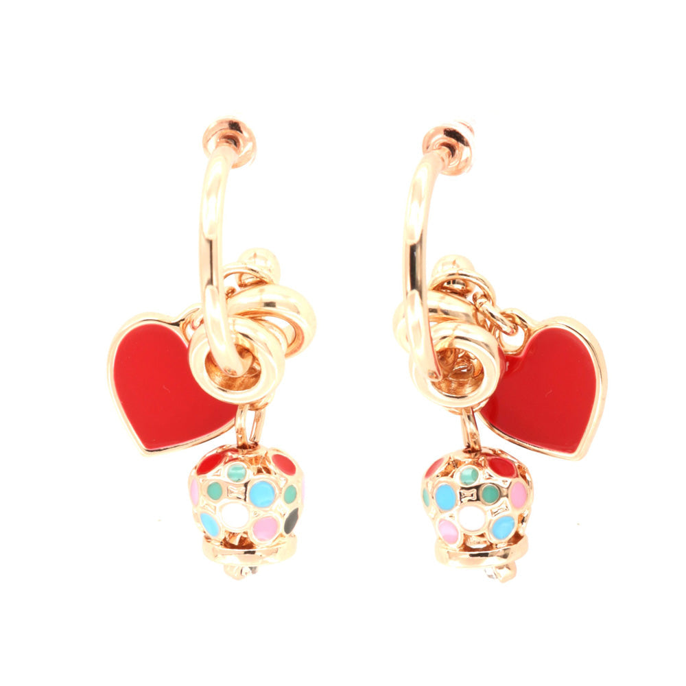 Metal earrings with heart -shaped enameled pendants and charming bell embellished with multicolored glazes