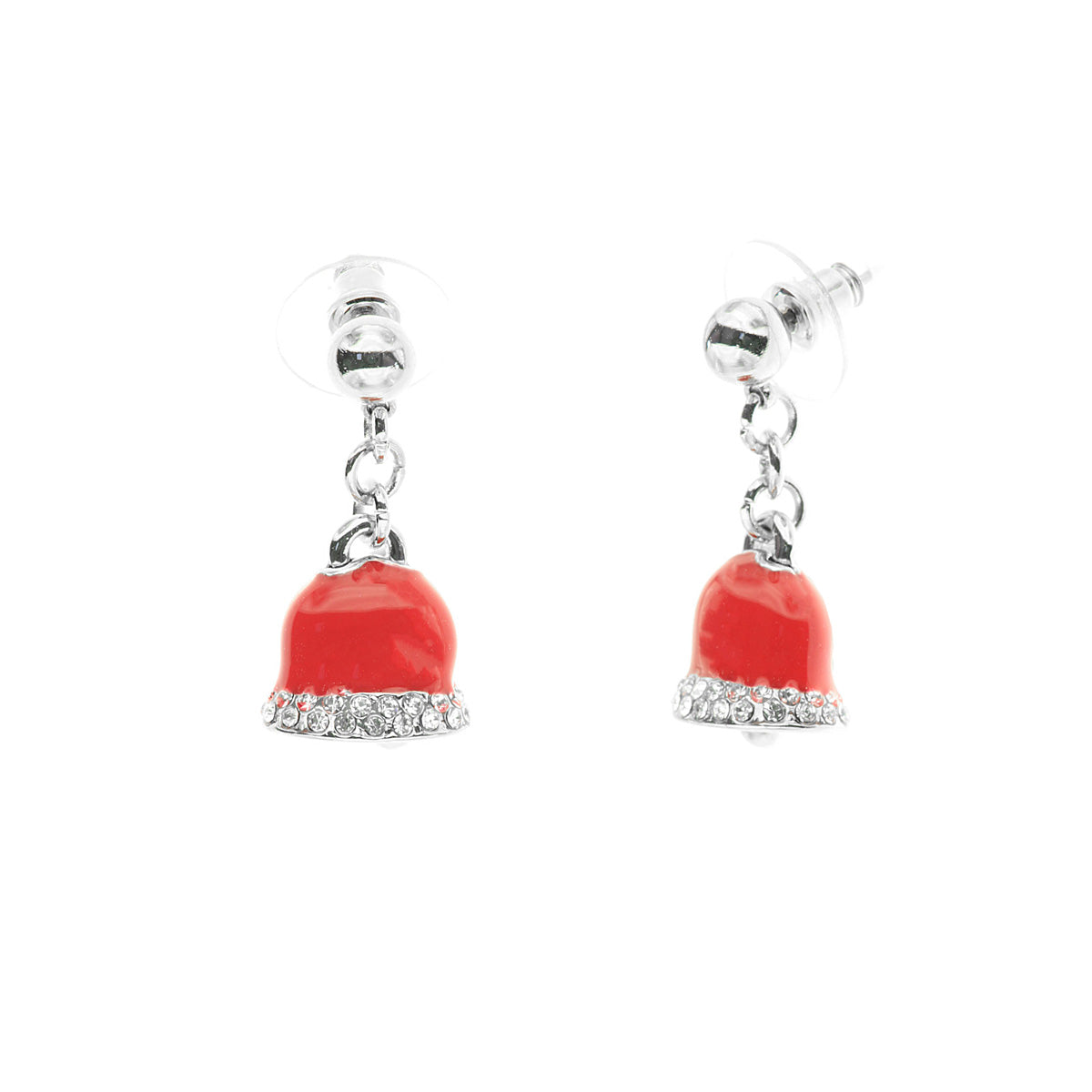 Metal earrings with red glazed charms and white crystals