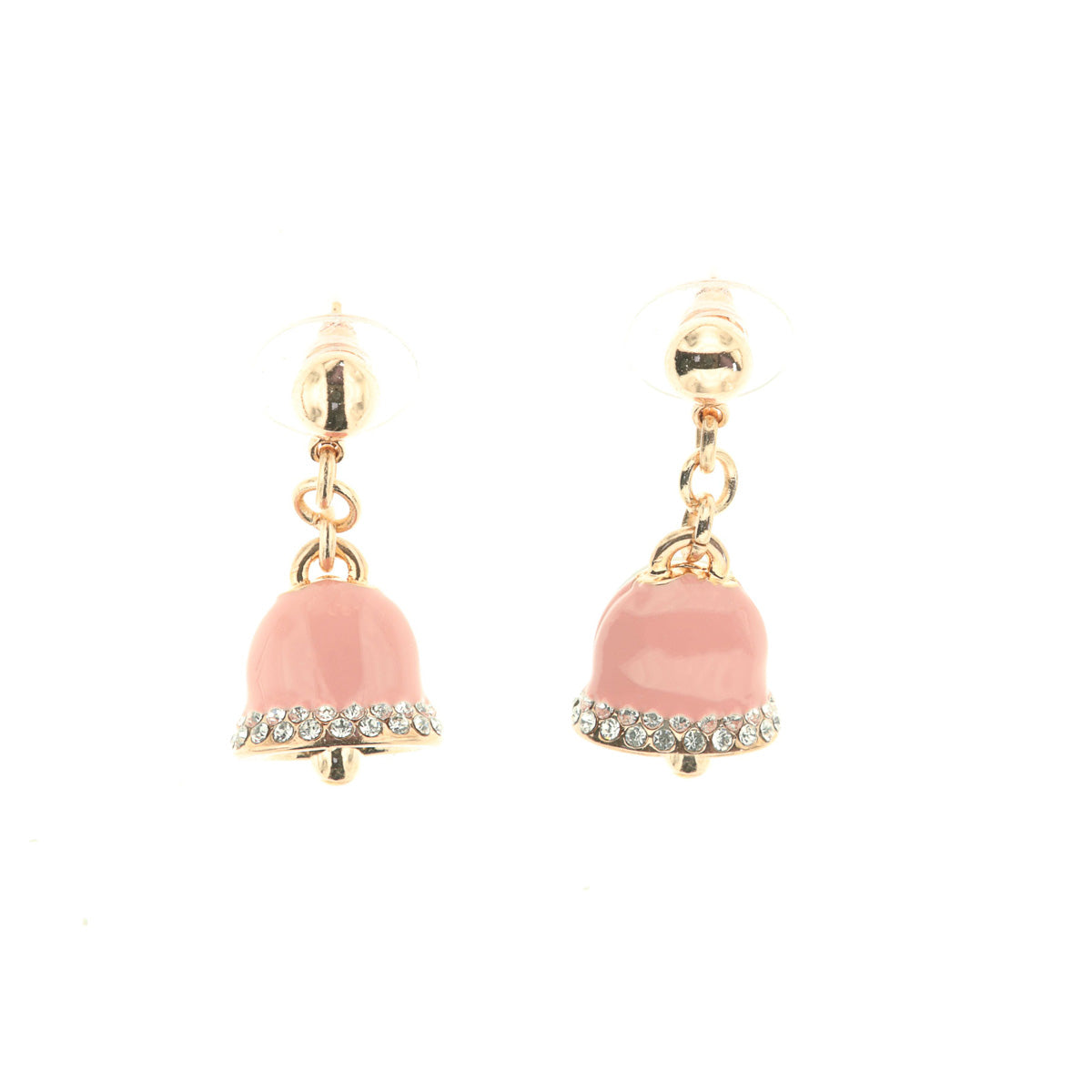 Metal earrings with pink glazed charming bells and white crystals