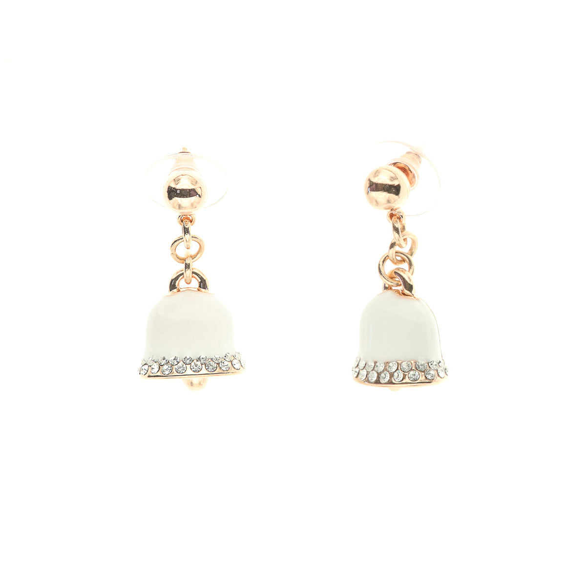 Metal earrings with white glazed lucky bells and white crystals