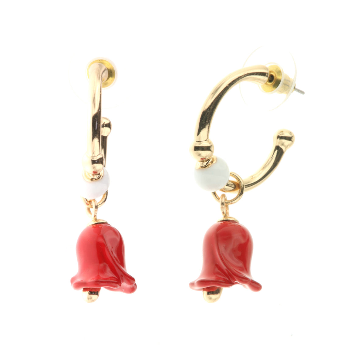 Semicarchie metal earrings with white enameled detail and rose -shaped bell