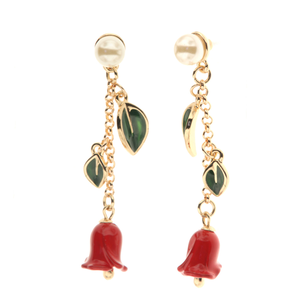 Metal earrings with lobe detail in Bainca pearl and rose -shaped pendant bells