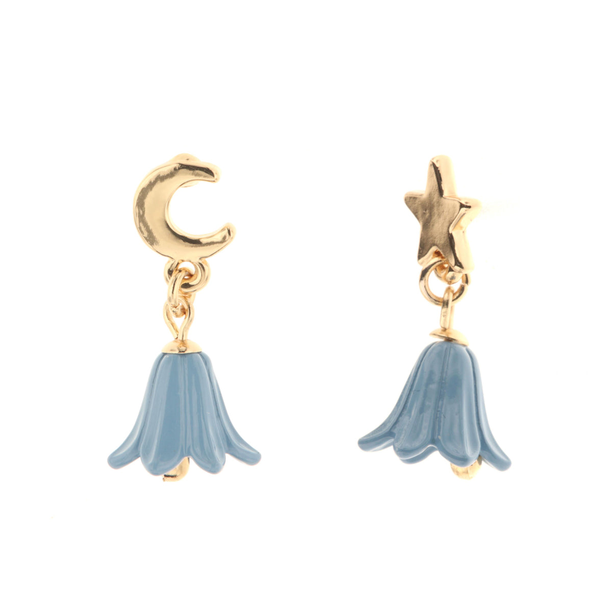 Metal earrings with moon and star -shaped lobe details and bell -shaped bell -shaped bell