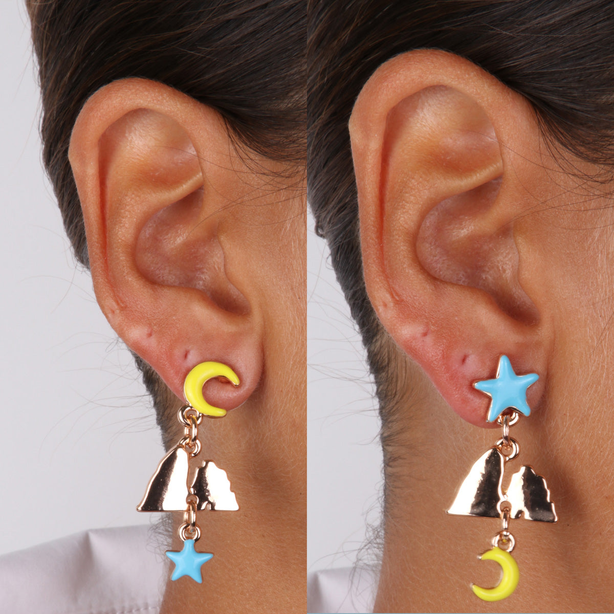 Metal earrings with star and pendants in the shape of faraglioni and moon embellished with colored glazes