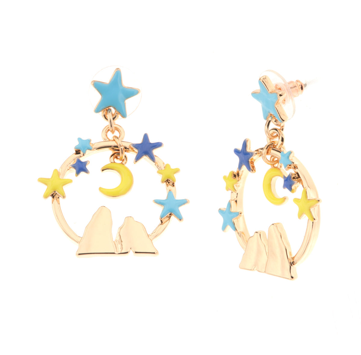 Metal earrings with star and rim pendants with starry sky and pharaglons embellished with colored glazes