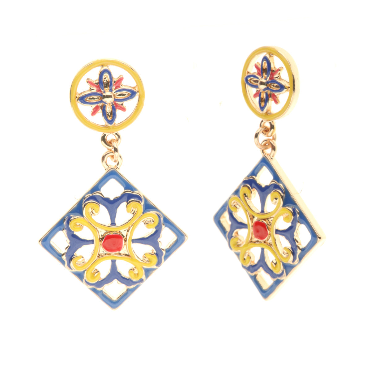 Metal earrings with yellow and red blue enamel -glazed majolica