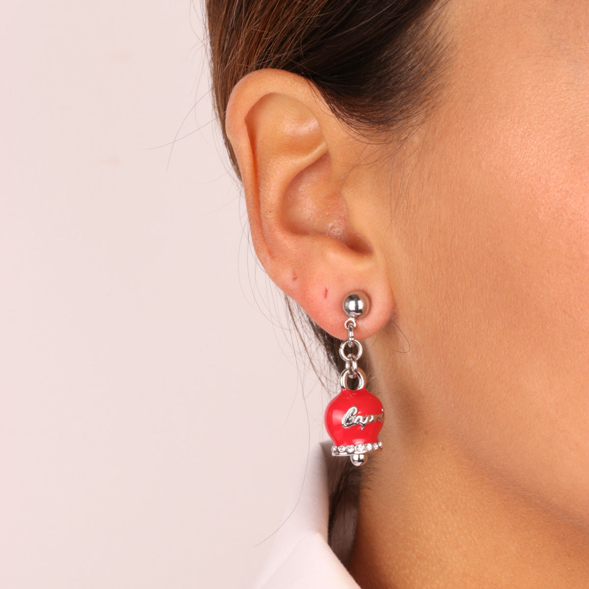 Metal earrings with bell pendant red enamel, embellished with crystals