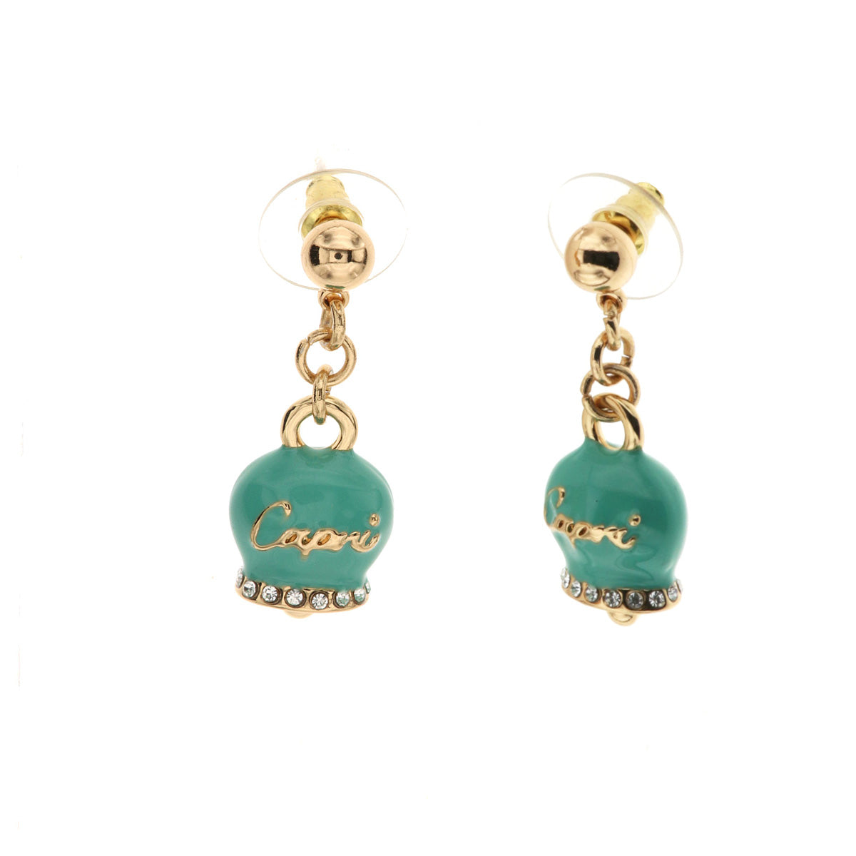 Metal earrings with campering bell pendant in water green enamel, embellished with crystals