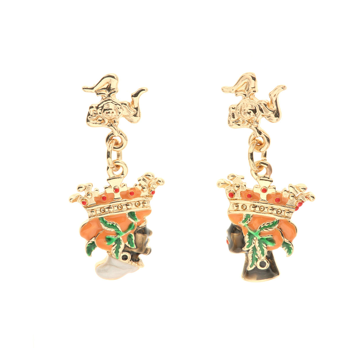Metal earrings with a symbol of Trinacria and Moro heads embellished with colored glazes