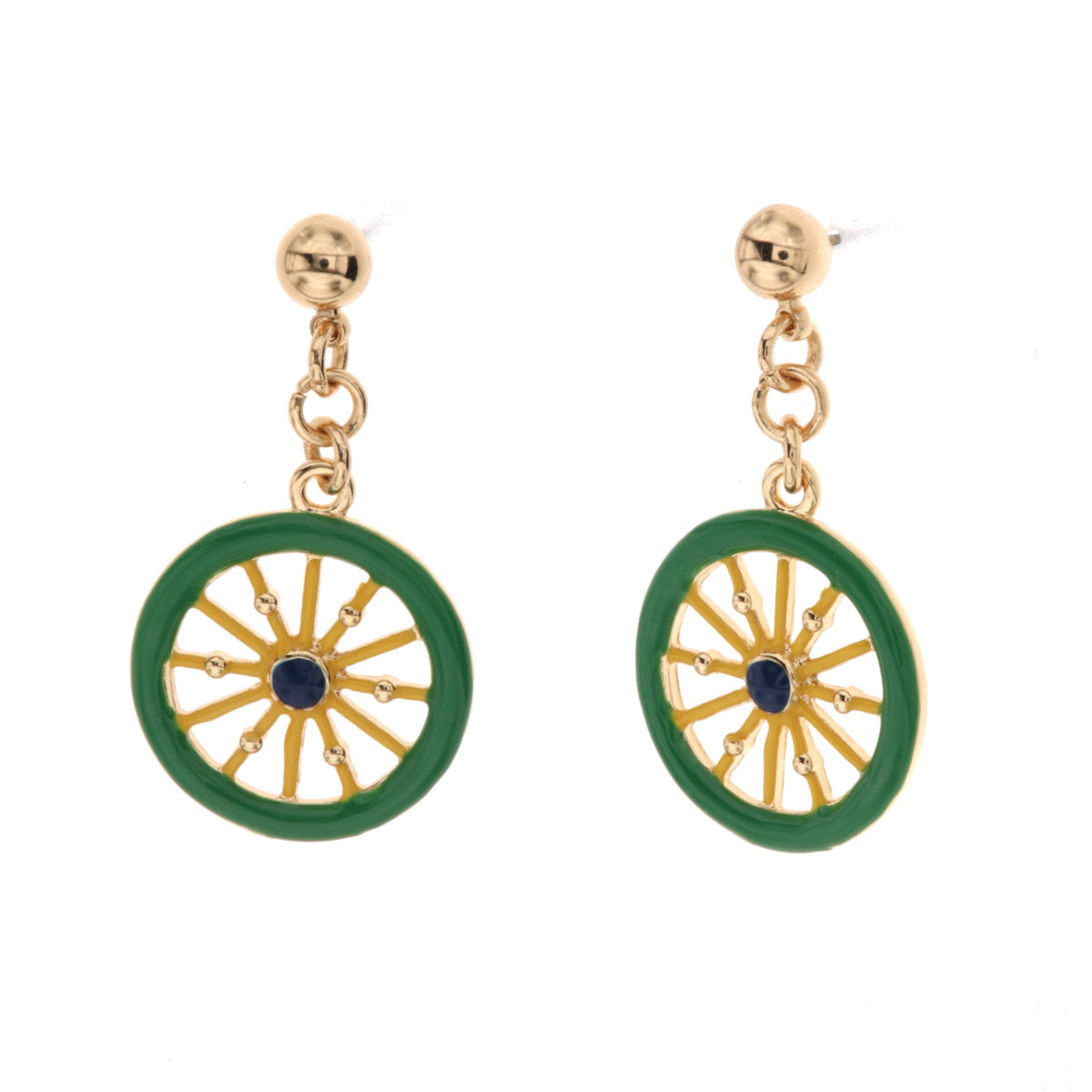 Metal earrings with wheels of the Sicilian cart and colored glazes