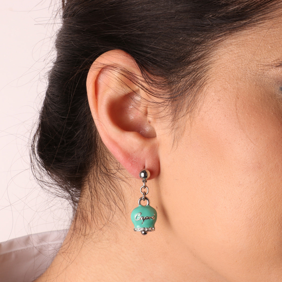 Metal earrings with bell Capri pendant in marine green enamel, embellished with crystals